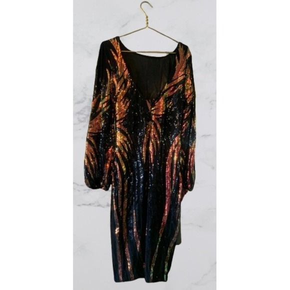 FAERIESTY Women's Black Sequin Long Sleeve Midi Dress 2XL Iridescent Palm Leaf - Picture 2 of 7
